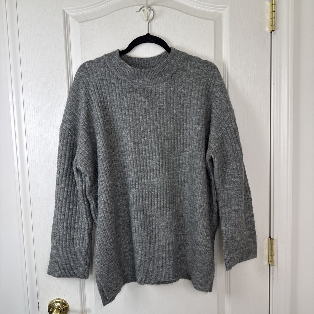 H&M Womens XS Gray Ribbed Mock Neck Sweater Oversized Boxy Fits S M Minimalist